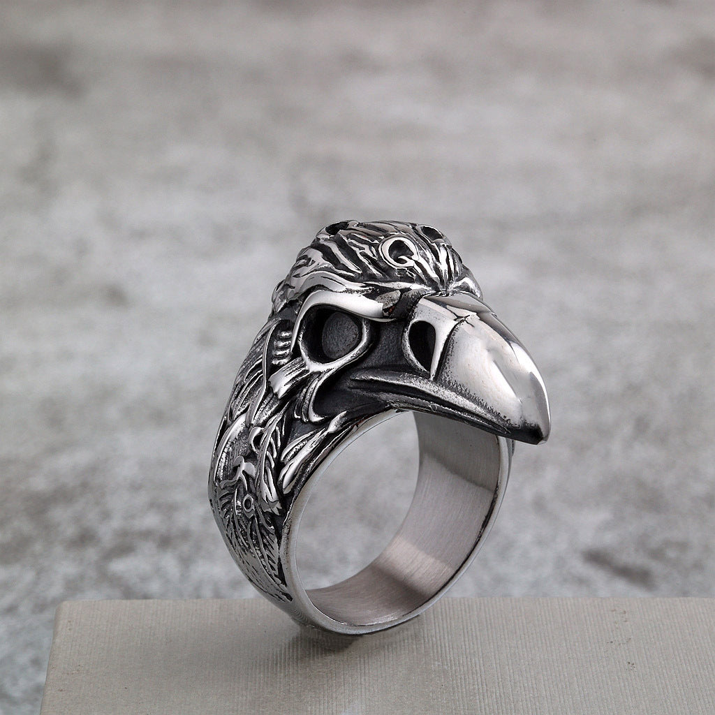 Vintage Solid Stainless Steel 3D Raven Skull Head Band Ring for Men