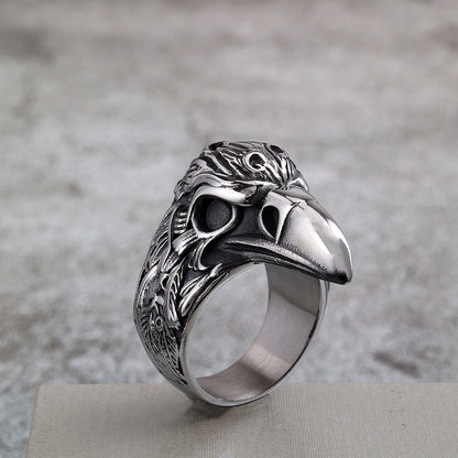 Vintage Solid Stainless Steel 3D Raven Skull Head Band Ring for Men