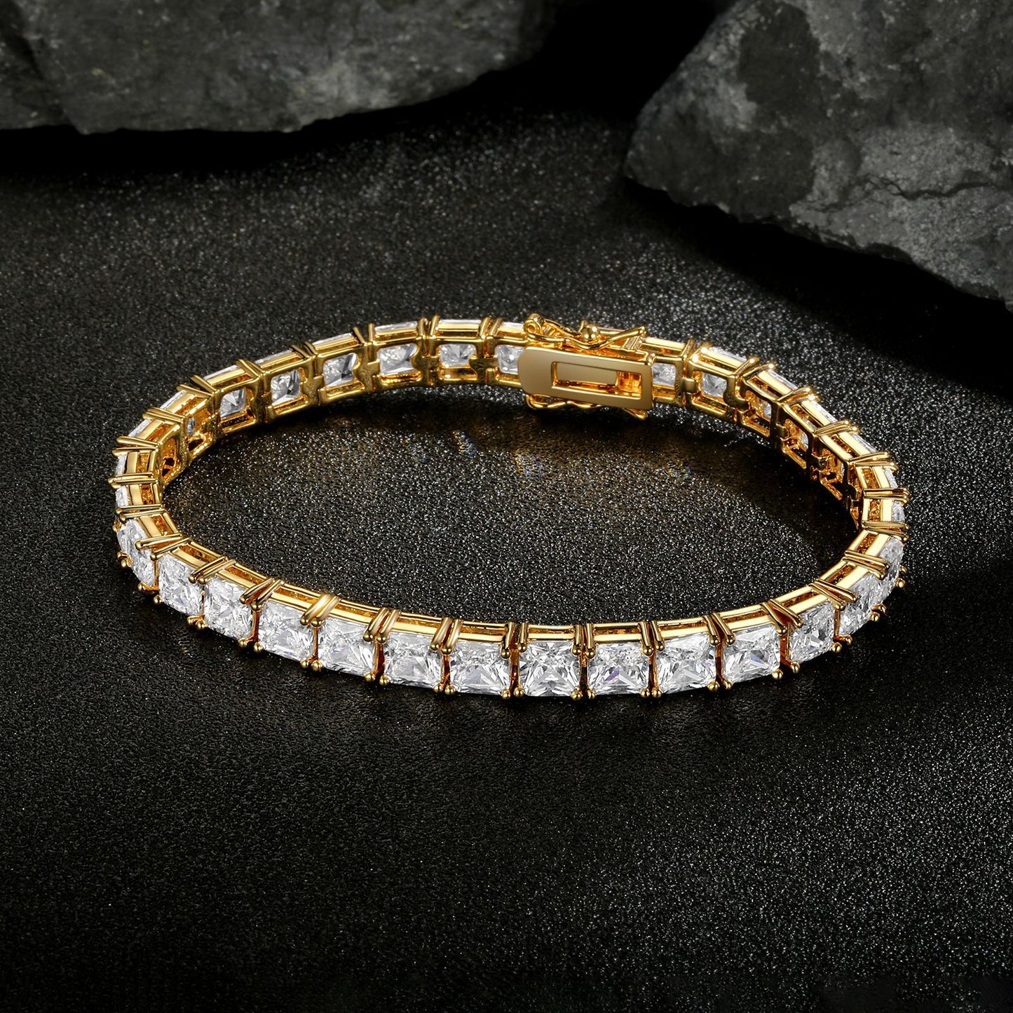Women&Men's Square Zircon 5mm Golden Cuban Tennis Bracelet