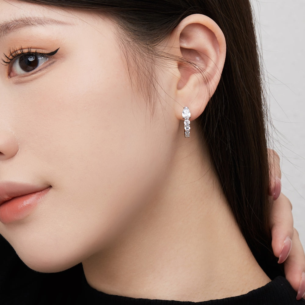 Women's U‑Shape Click Hoop Earrings, Teardrop & Round Paved Zirconia, S925 with White Gold Plating