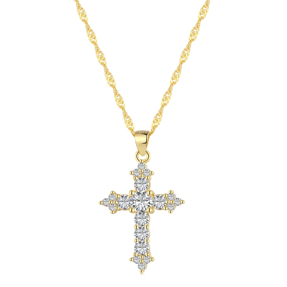 Women's Stackable Religious Cross Pendant Necklace, Zirconia Inlay, S925 with 18K Gold Plating