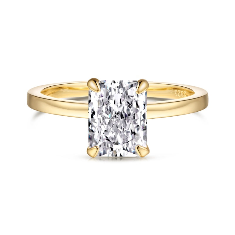 Women's Gold Plated S925 Silver Radiant Cut Ice Flower Cut Rectangular Colorless Cubic Zirconia Solitaire Ring