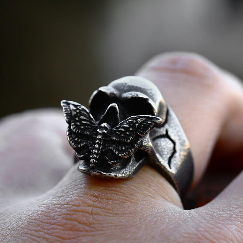 Mens Domineering Stainless Steel Moth Skull Ring