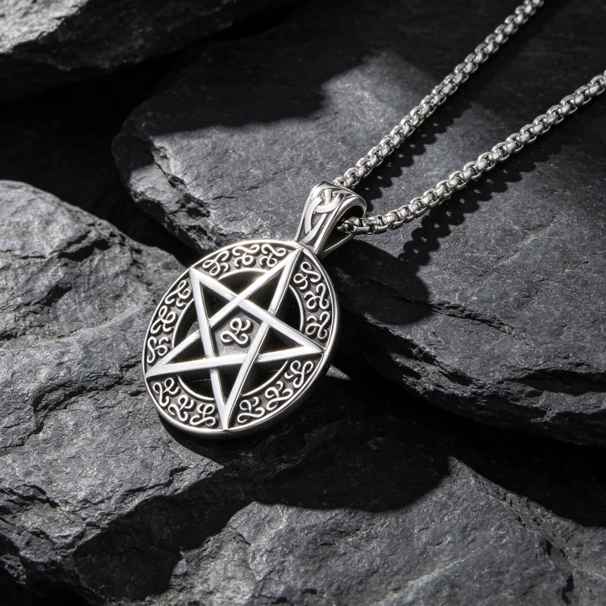 Men's Steel Pentagram Round Pendant Necklace