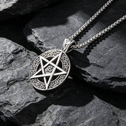 Men's Steel Pentagram Round Pendant Necklace