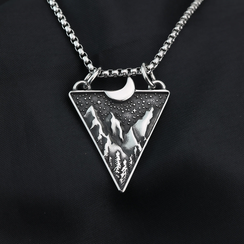 Mens Steel Triangle Mountain Moon Star Pendant Necklace