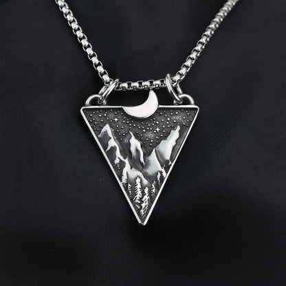 Mens Steel Triangle Mountain Moon Star Pendant Necklace