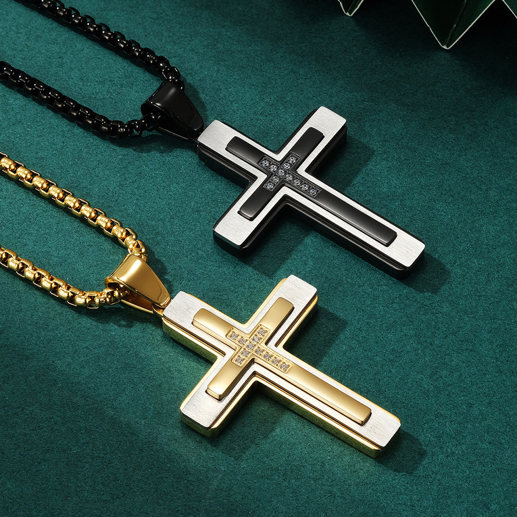 Men's Three-Layer Combined Zircon Stone Cross Pendant Necklace
