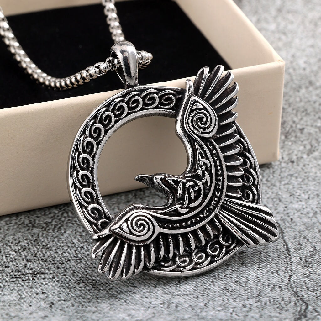 Vintage Stainless Steel Men's Single Sided Viking Raven Round Pendant Necklace