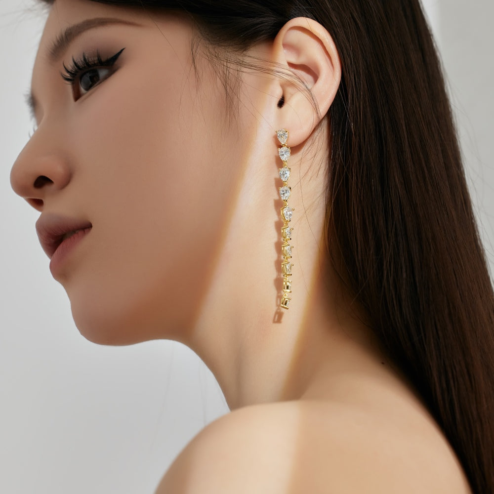 Women's Long Tassel Drop Earrings, Graduated Pear‑Shape Zirconia, S925 with 18K Gold Plating