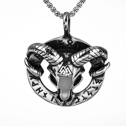 Vintage Stainless Steel Viking Rune Ram Skull Pendant Necklace for Men