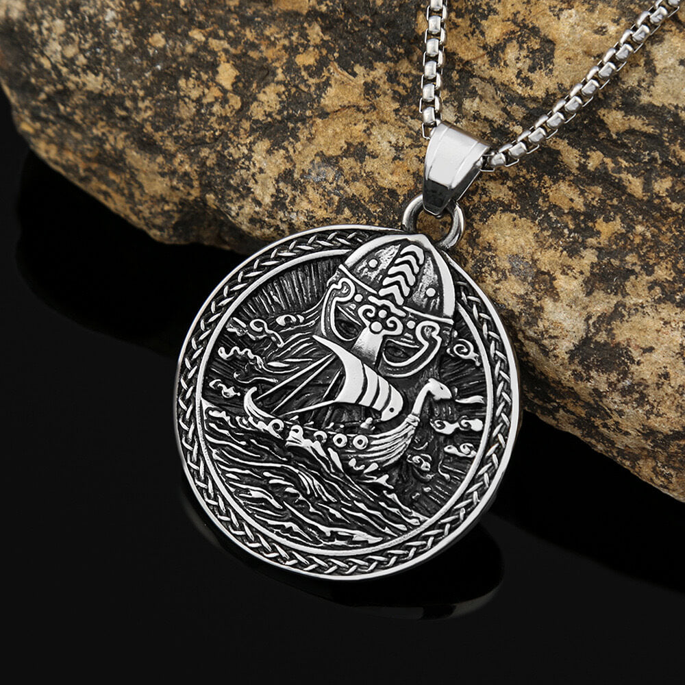 Mens Steel Vintage Viking Ship Double Sided Round Pendant Necklace