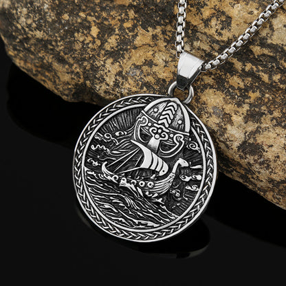 Mens Steel Vintage Viking Ship Double Sided Round Pendant Necklace
