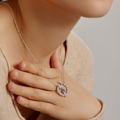Women's Mom Holding Baby Pendant Necklace, Gradient White‑Blue Round Zirconia Inlay, S925 with White Gold Plating