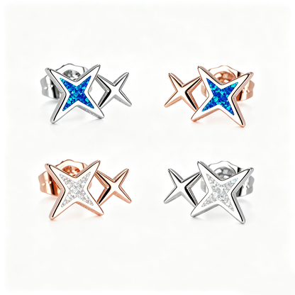 Women's Double‑Star Stud Earrings with Blue / White Opal, with White Gold / Rose Gold Plating