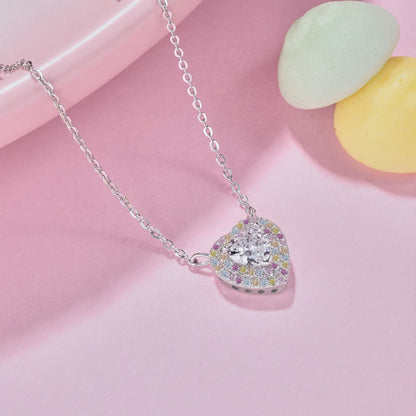 Niche Layered S925 Sterling Silver Necklace, Inlaid White Heart Main Stone and Colorful Round Zirconia Exquisite Fashion Pendant