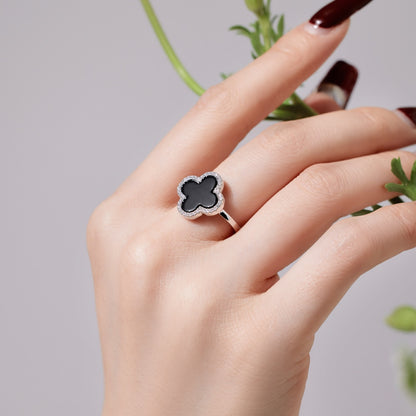 Women's S925 Silver White Gold Tone Ring, Four-Leaf Clover Shape Black Agate Halo Design Ladies Fashion Ring
