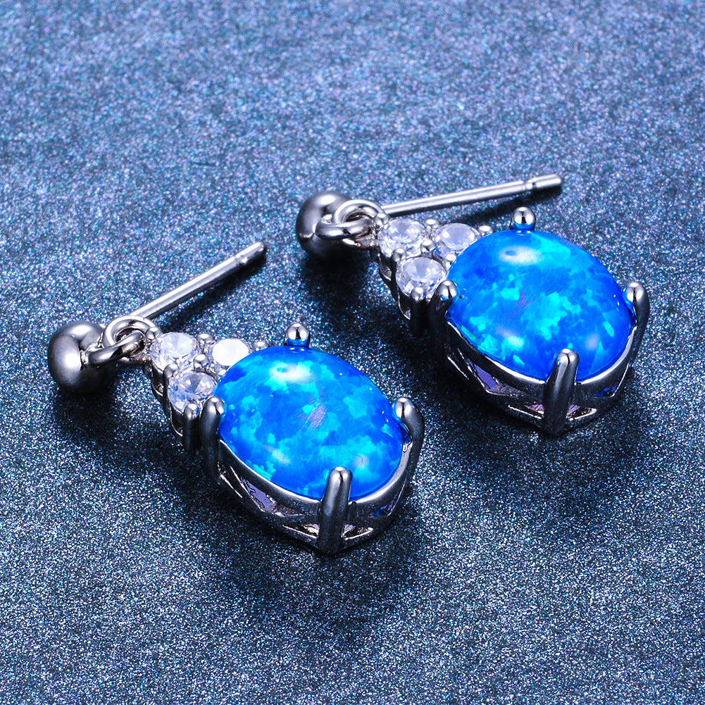Women's Oval Opal Dangle Stud Earrings With Triple Zirconia Accent, with White Gold Plating