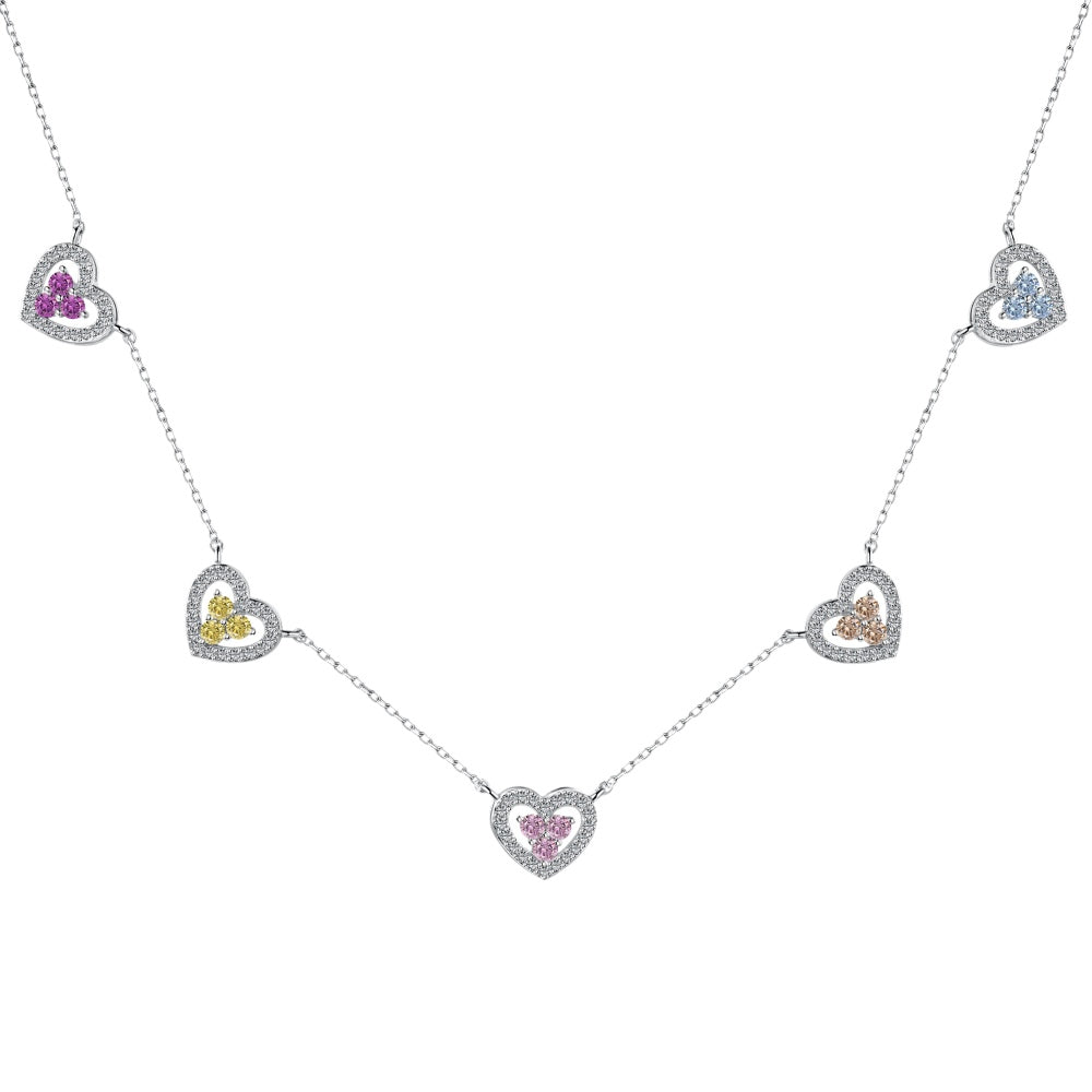 Women's Multi‑Pendant Necklace, Hollow Heart Design Inlaid Multicolor Sapphire, S925 with White Gold Plating
