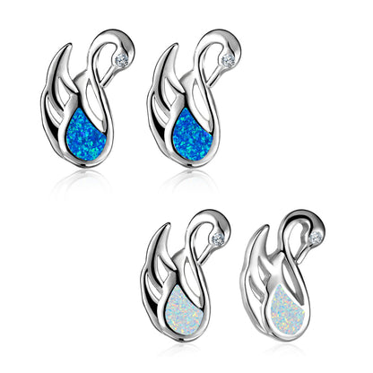 Women's Swan‑Shape Teardrop Opal With Zirconia Accent Stud Earrings, with White Gold Plating
