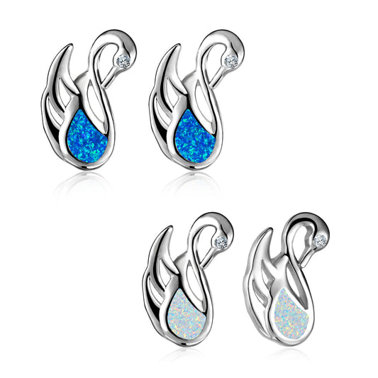 Women's Swan‑Shape Teardrop Opal With Zirconia Accent Stud Earrings, with White Gold Plating