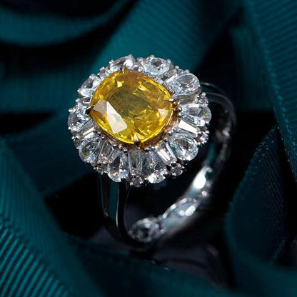 Women's White Gold Emerald Cut Stones Yellow Gem Halo Adjustable Ring