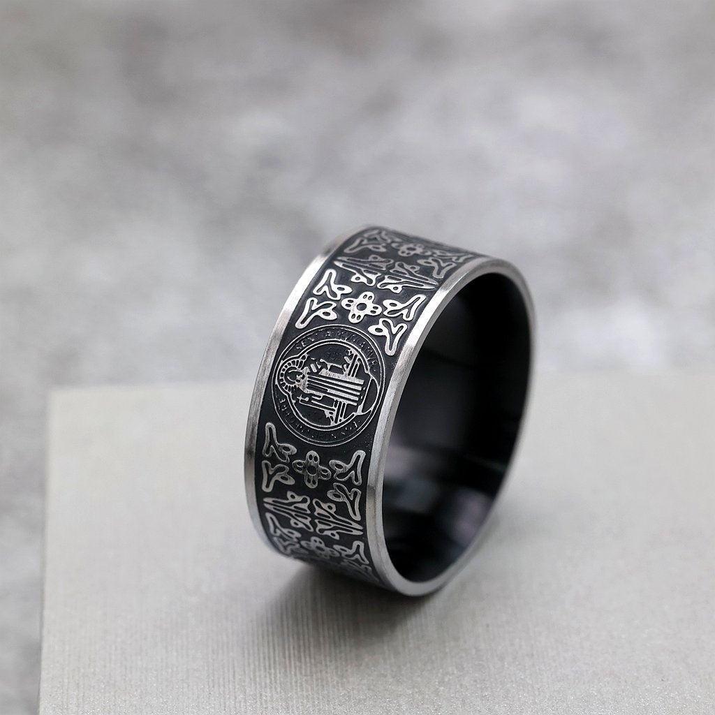 Vintage Stainless Steel Saint Benedict Pattern Exorcist Cross Ring for Men