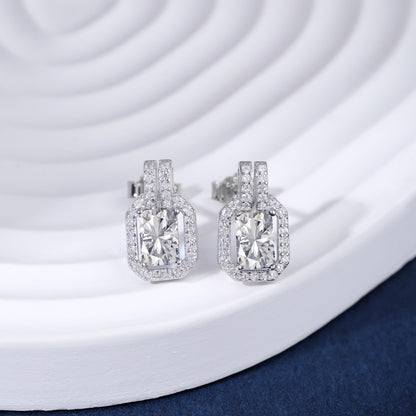 Women's Geometric Frame Stud Earrings, Rectangular Center Zirconia With Paved Round Zirconia Halo, S925 with White Gold Platin