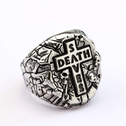 Vintage Antique Solid Stainless Steel 3D Carved Rock Crack Skull Death Cross Signet Ring for Men