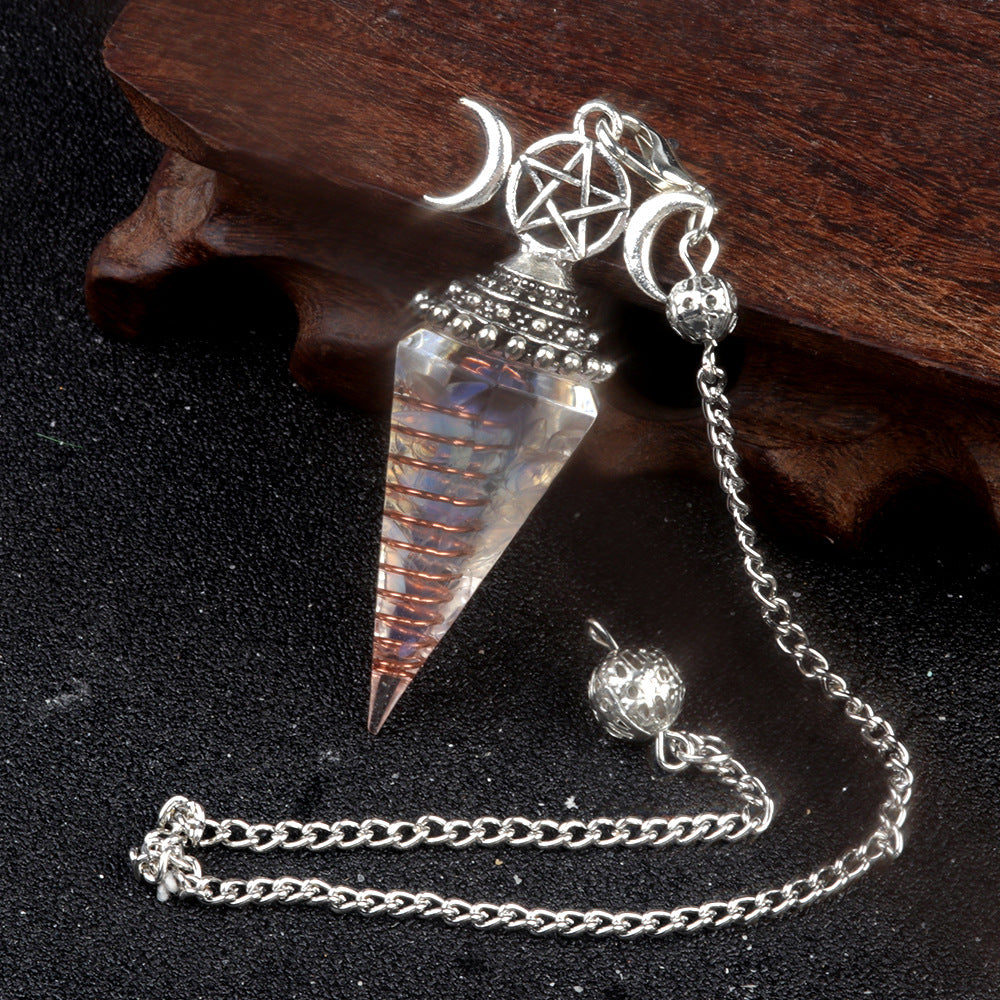 Three-phase moon seven-colored crushed stone resin crystal hexagonal pyramid spirit pendulum