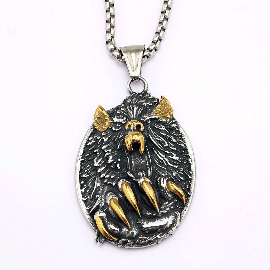 Men's Steel Bear Head & Claw Round Pendant Necklace
