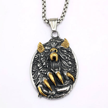Men's Steel Bear Head & Claw Round Pendant Necklace