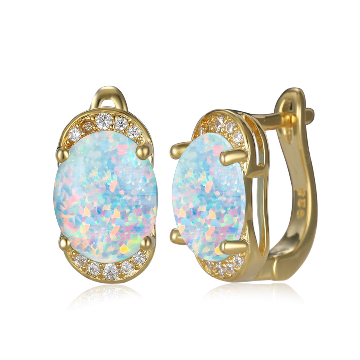 Women's Oval White & Blue Opal Halo Round Zirconia Huggie Earrings, with Gold Plating / with White Gold Plating