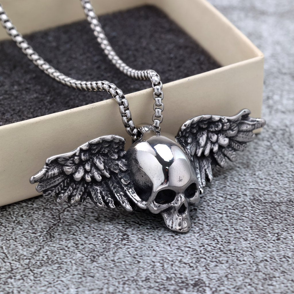 Men's Steel 3D Relief Winged Skull Pendant Necklace