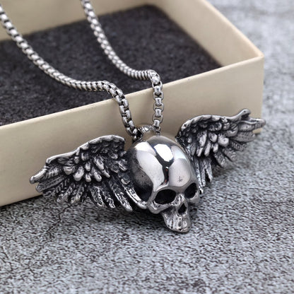 Men's Steel 3D Relief Winged Skull Pendant Necklace