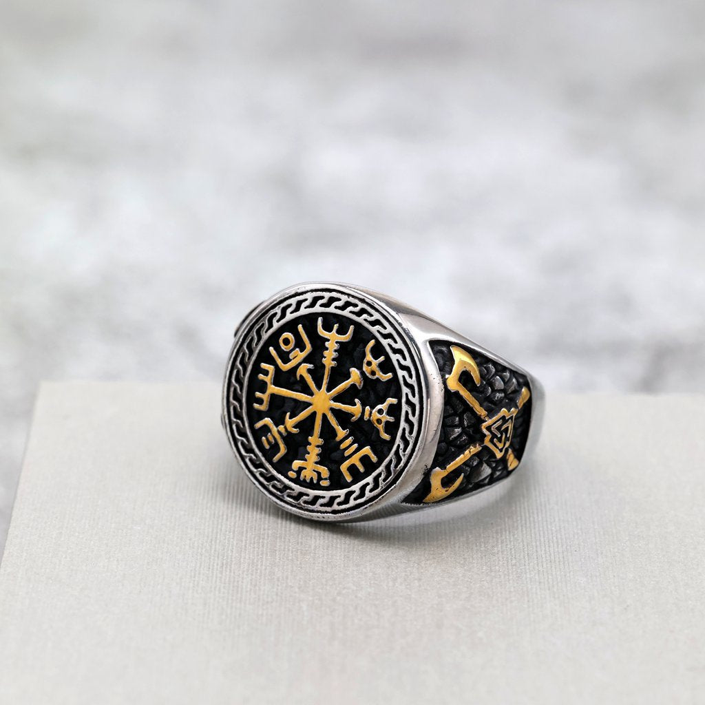Vintage Nordic Solid Stainless Steel Engraved Axe Viking Compass Ring for Men