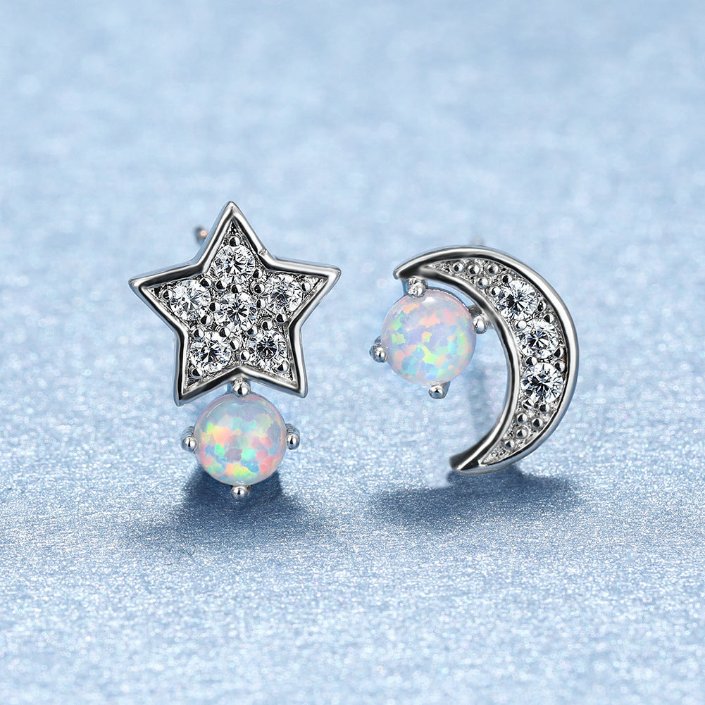 Women's Asymmetric Star Moon Zirconia Blue & White Opal Stud Earrings, White Gold / Rose Gold Plating