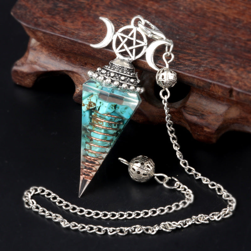 Three-phase moon seven-colored crushed stone resin crystal hexagonal pyramid spirit pendulum