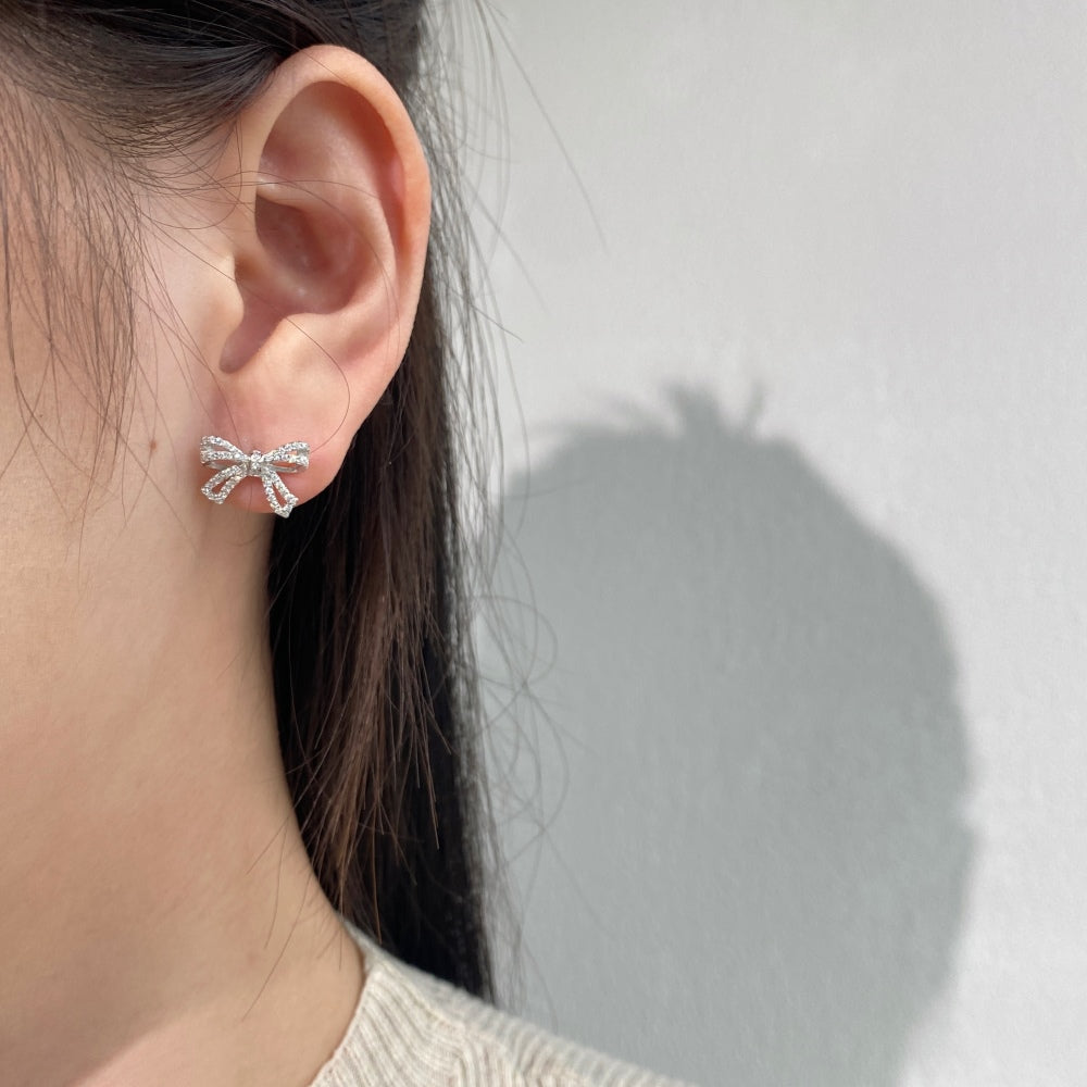 Women's Bow Stud Earrings, Full Paved Round Zirconia, S925 with White Gold Plating