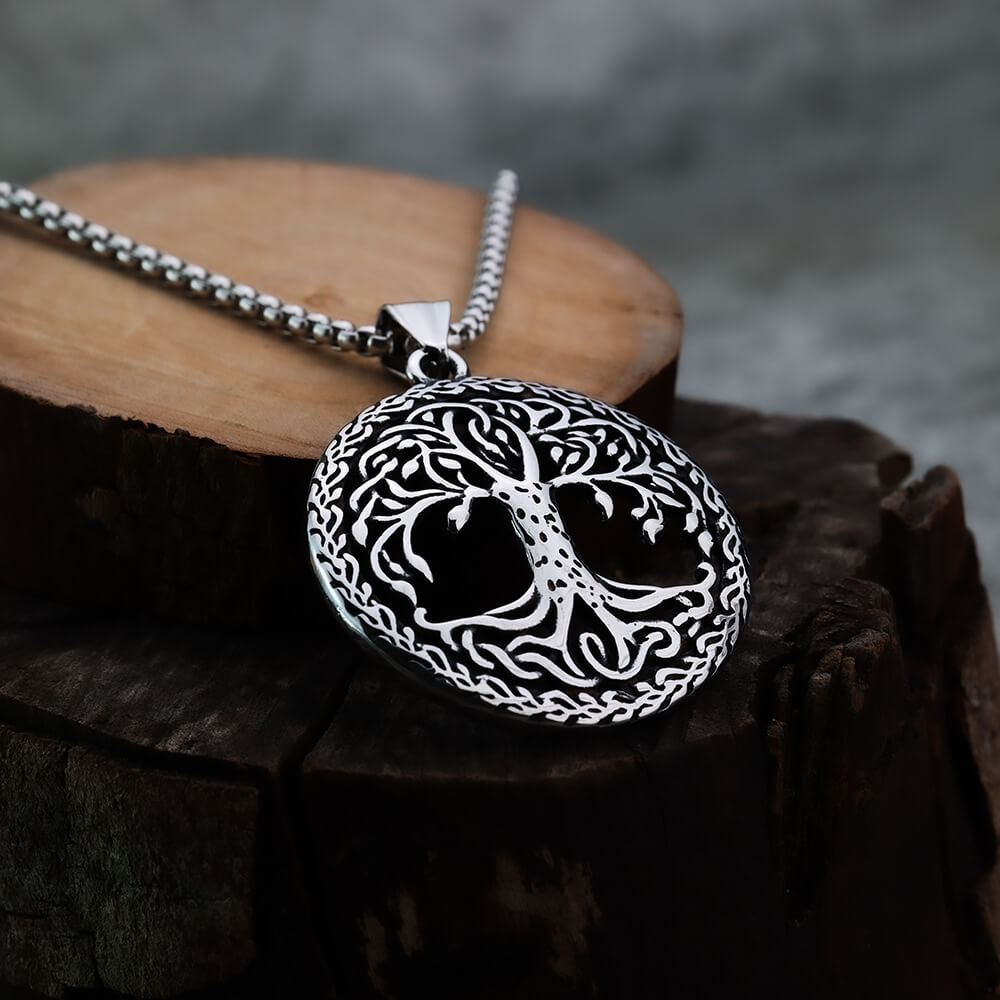 Vintage Stainless Steel Hollow Tree of Life Pendant Necklace for Men