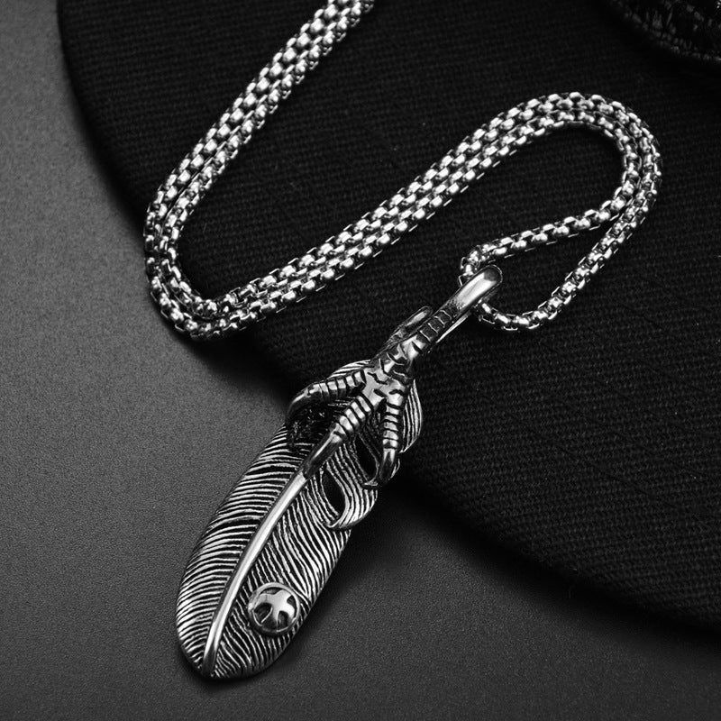 Men's Steel Vintage Feather Pendant Necklace