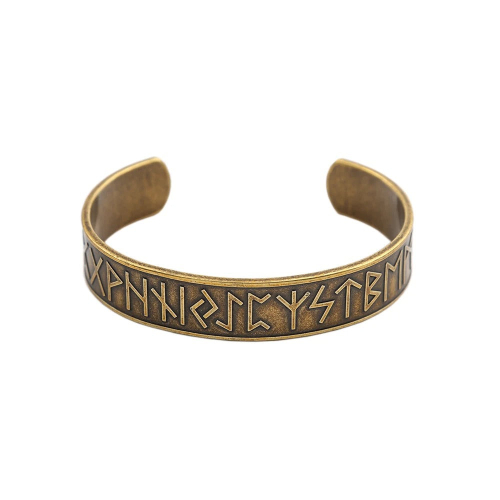 Viking Slavic Nordic Open C Bracelet for Men, Stainless Steel Engraved Rune Alphabet Retro Adjustable Cuff Bangle