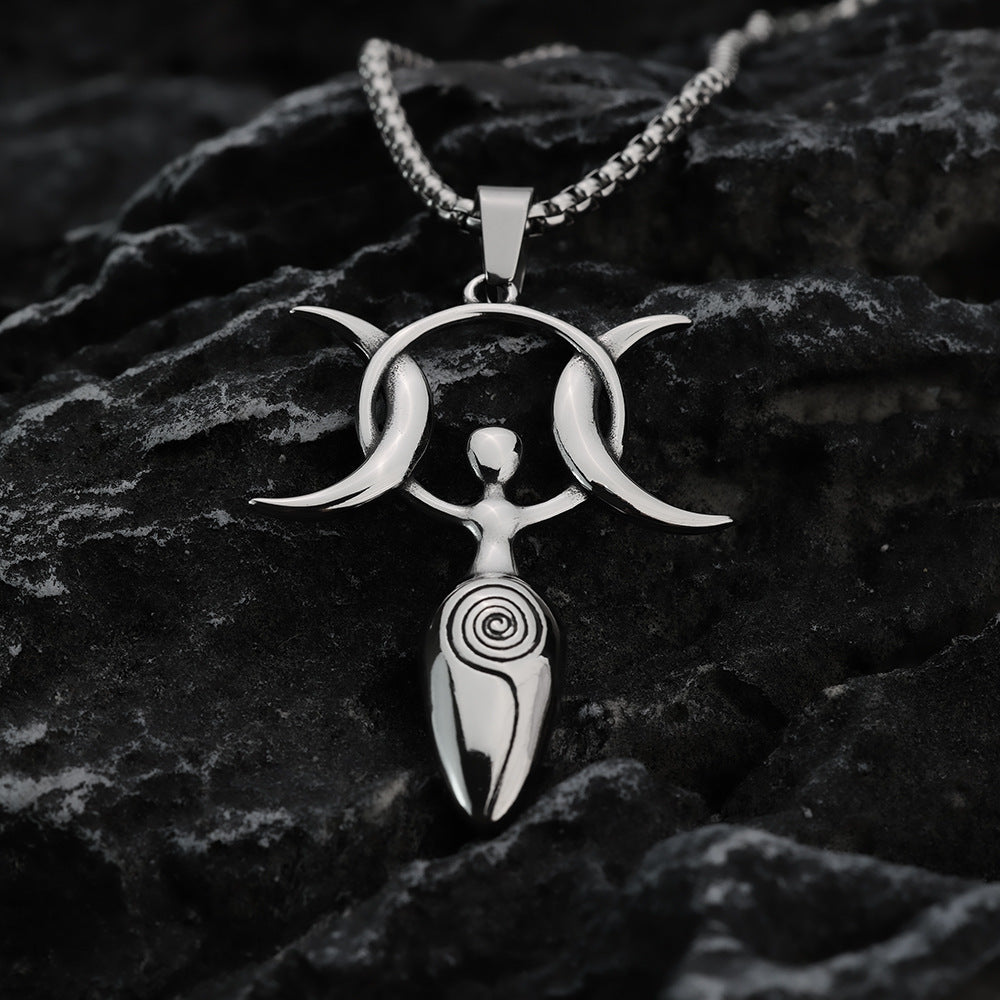 Vintage Stainless Steel Men's 3D Moon Star Goddess Pendant Necklace for Men