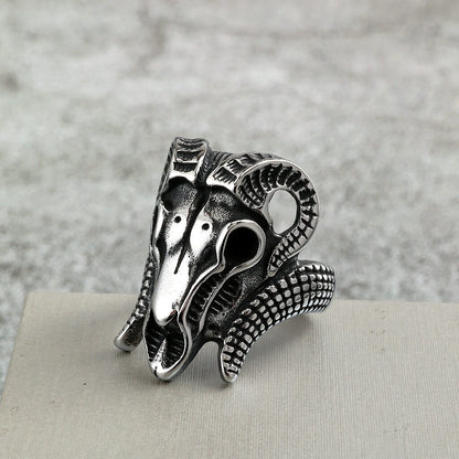 Vintage Solid Stainless Steel Punk Goat Skull Ring for Men