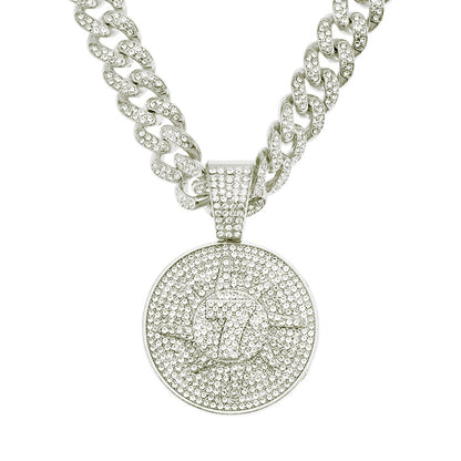 Hip-Hop 3D Zircon-Encrusted Number 7 Round Tag Cuban Chain Pendant Necklace