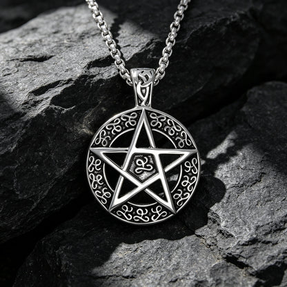 Men's Steel Pentagram Round Pendant Necklace