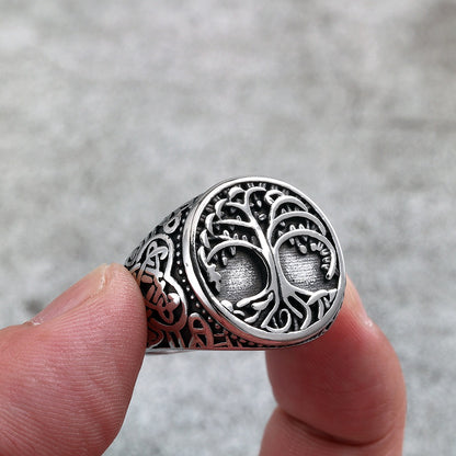 Vintage Nordic Stainless Steel Viking Tree of Life Celtic Knot Round Ring for Men
