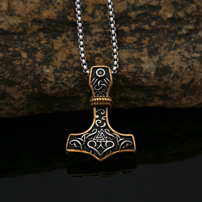 Mens Steel Mjolnir Valknut Pendant Necklace