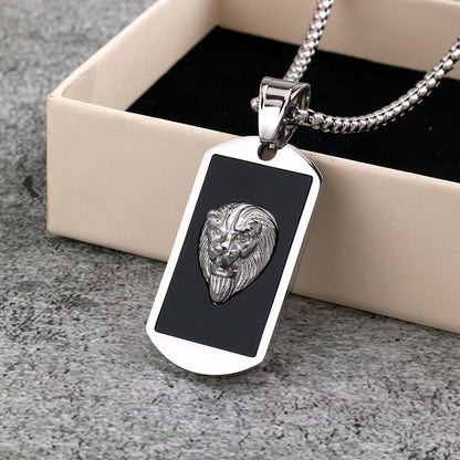 Vintage Stainless Steel Lion Dog Tag Pendant Necklace for Men