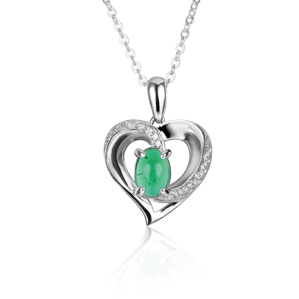 Women's Sterling Silver Channel Setting Hollow Heart Shape Pendant with Oval Brilliant Cut Emerald Gem